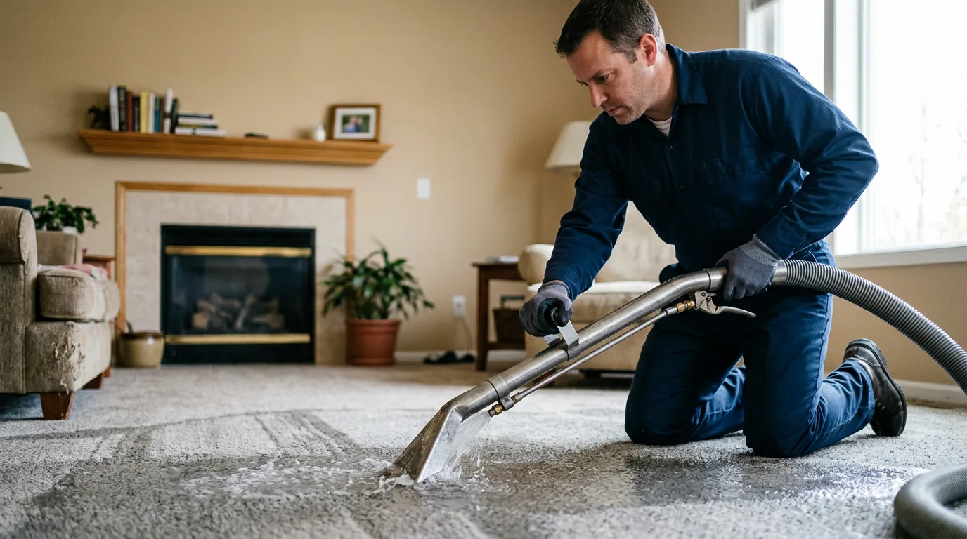 Water damage restoration technician working near Breese, IL